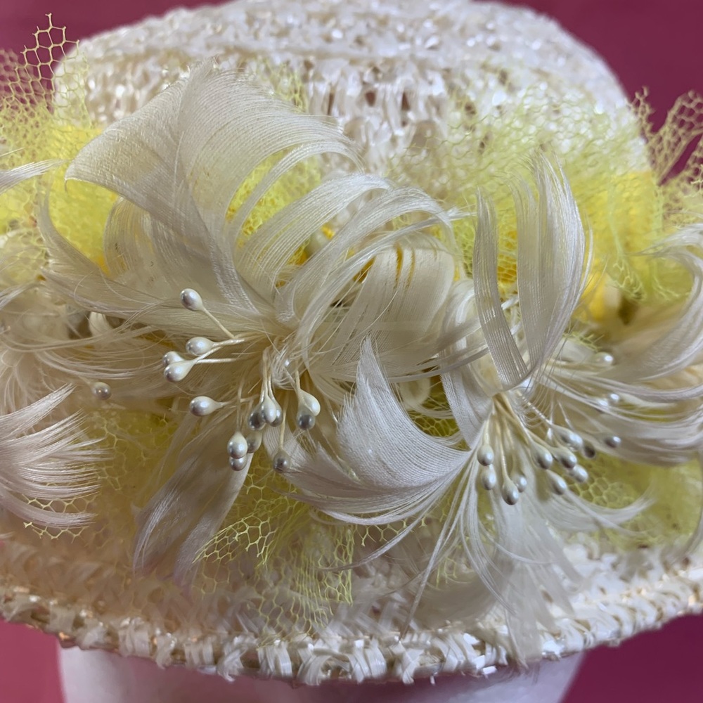 Women’s vintage hat with feathers on front, yellow bow down back, Sz small. - Picture 2 of 5
